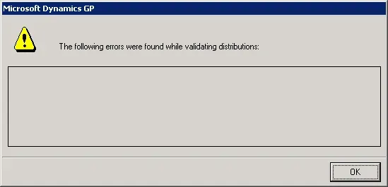 Blank error message with title "The following errors were found while validating distributions.