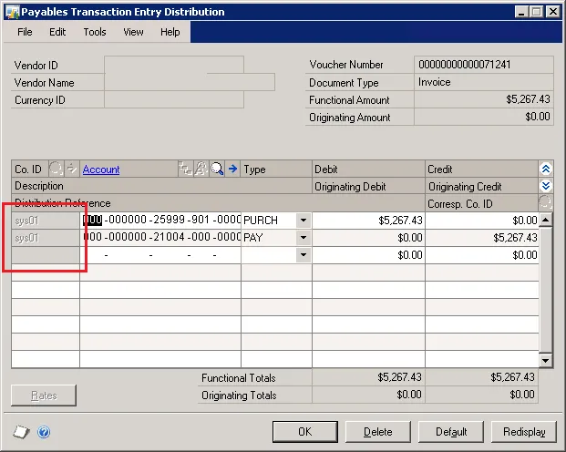 Payables Transaction Entry distribution screen shows "sys01" in the CompanyID field.