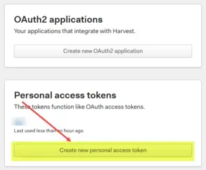 Page showing a section for OAuth2 applications and Personal access tokens, with a highlighted button called "Create new personal access token".