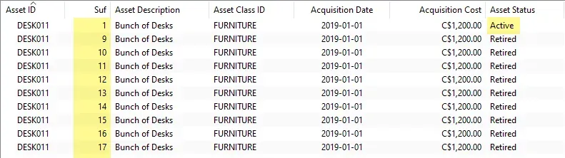 Asset smartlist showing 1 active + multiple retired assets.