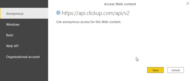 ClickUp authorization window showing the setting of Anonymous.