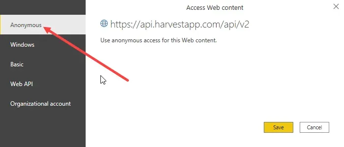 Prompt for credentials in Power Query to access web content. Arrow points to Anonymous as the credentials to use.