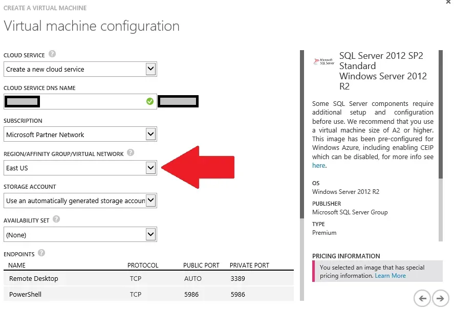 Virtual Machine configuration window with a red arrow pointing to the virtual network selection.