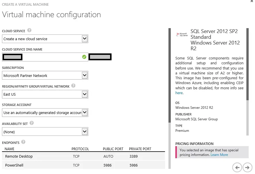 VM configuration where the cloud service is selected.