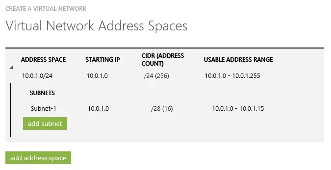 Virtual Network Address Spaces configuration.