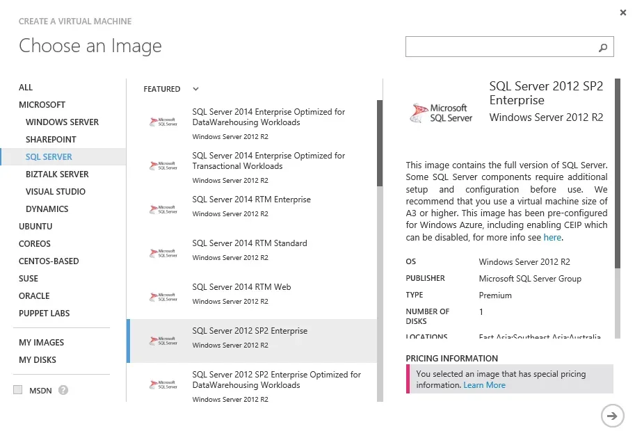 Choosing an image to create a virtual machine from.