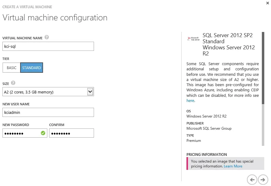 Virtual Machine configuration step where the machine is named and the admin user is set.