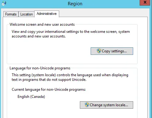 Region Administrative tab, changing the system locale.
