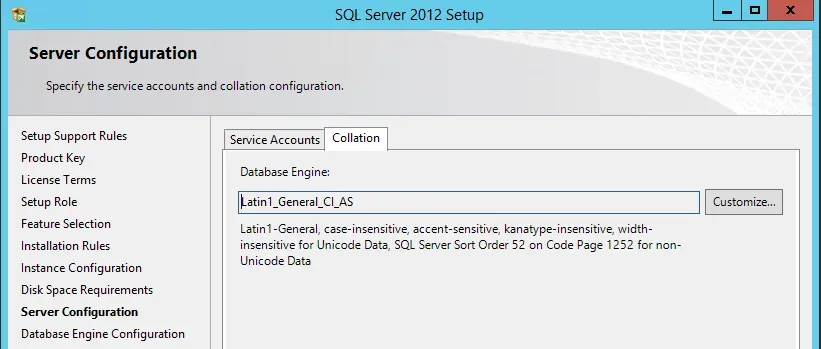 SQL Server 2012 Setup collation setting window.