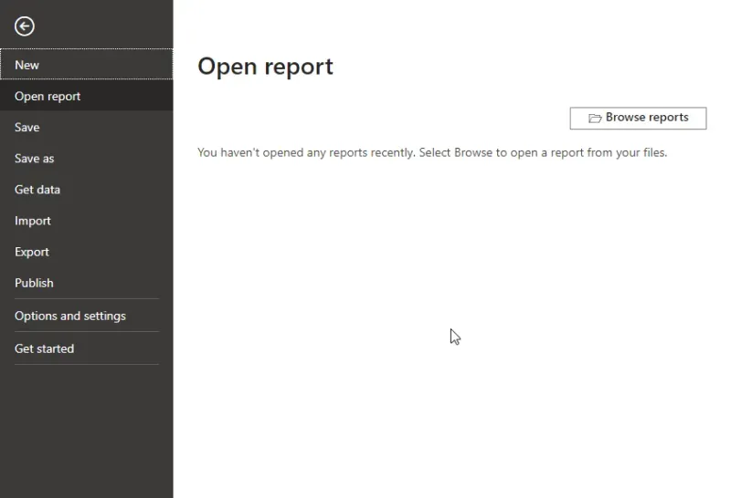 The Open Report window in Power BI Desktop showing no recently used items in the list.