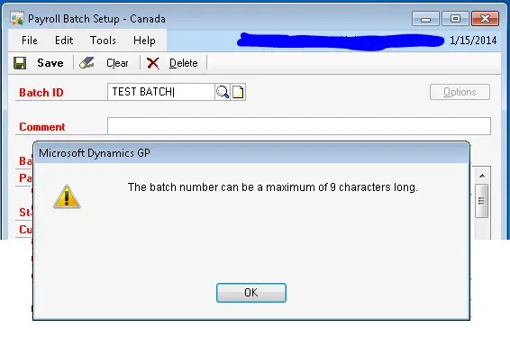 Error message "The batch number can be a maximum of 9 characters long.