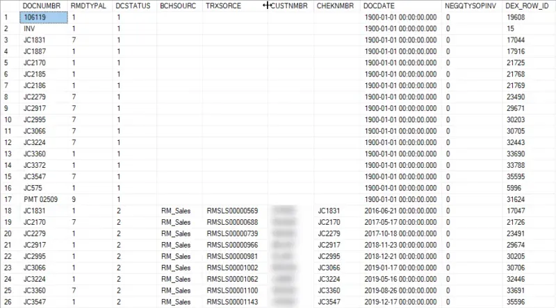SQL query results of RM00401 table with orphaned records.