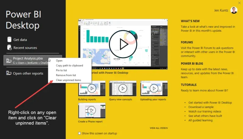 Get Started screen in Power BI Desktop