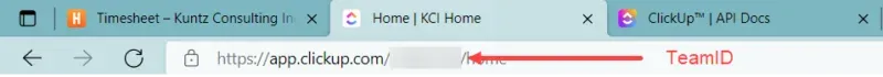 Picture of the home URL in ClickUp which has your team's ID.