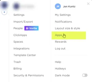 Screenshot of settings menu. Apps menu item is highlighted in yellow.