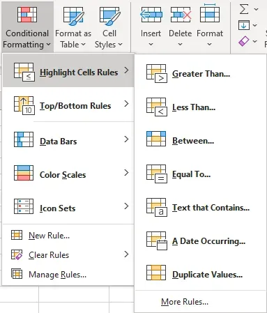 Conditional Formatting "Highlight Cells" menu