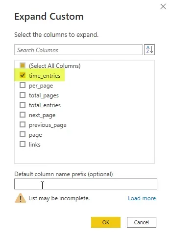The Expand Custom window showing what fields are in the records that can be expanded. The "Time_Entries" column is selected and highlighted, the rest of the columns are not selected.