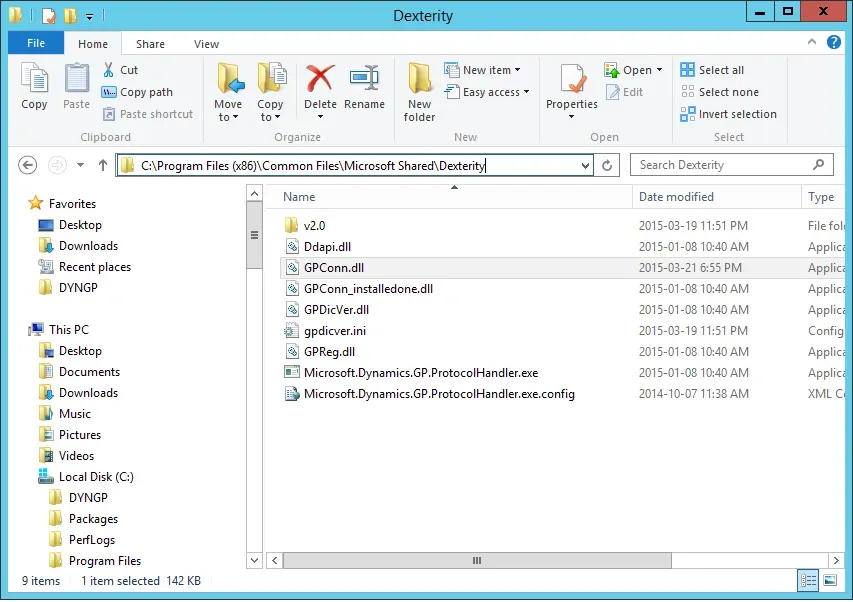 Dexterity folder where the GPConn.dll file resides.