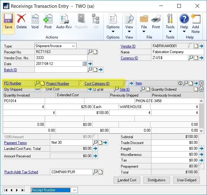 PA version of Receivings Trx Entry