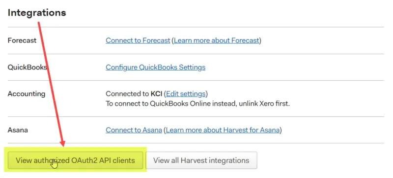 Harvest integrations section showing a button for "View authorized OAuth2 API clients".