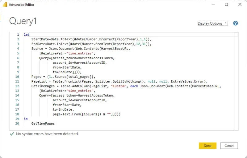 A screenshot of the Advanced Editor with line numbers. The screenshot contains the same data as the code query above it.