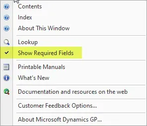 Help menu option to Show Required Fields