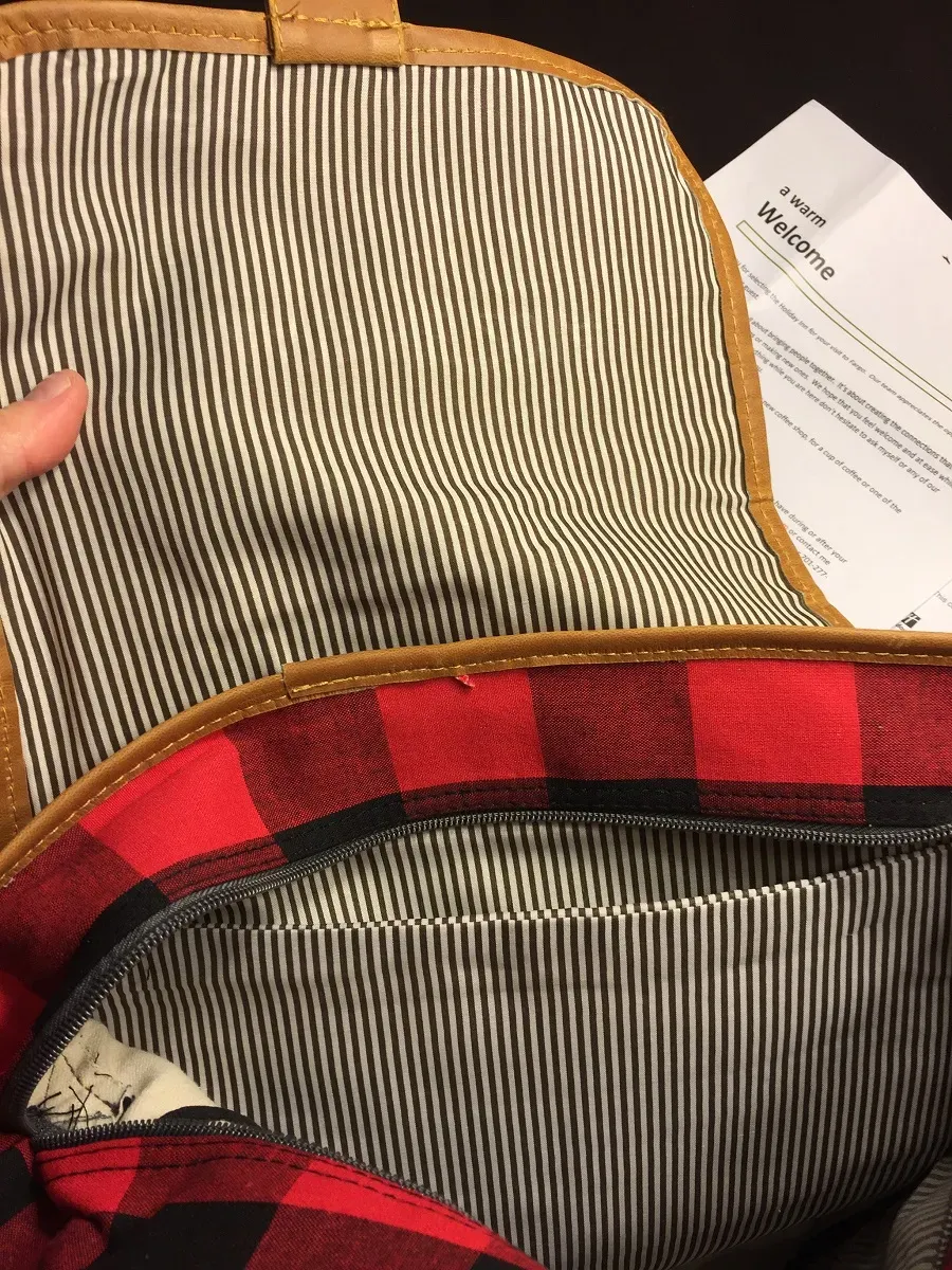 A picture of the interior of the bag with a striped interior.