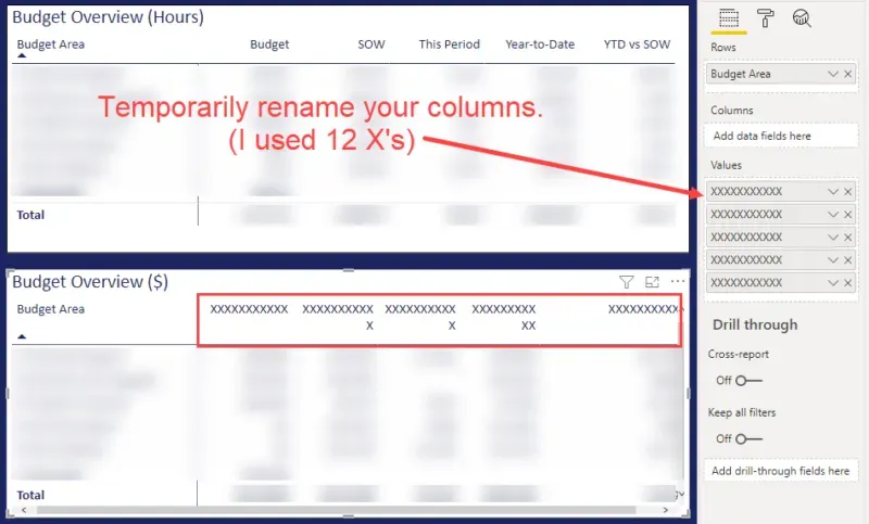 Step 1 screeshot showing columns renamed with X's.