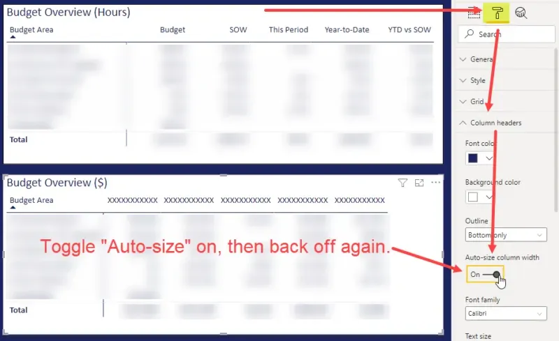 Step 2 screenshot showing the formatting tab, column headers expanded and Auto-size column width selected.