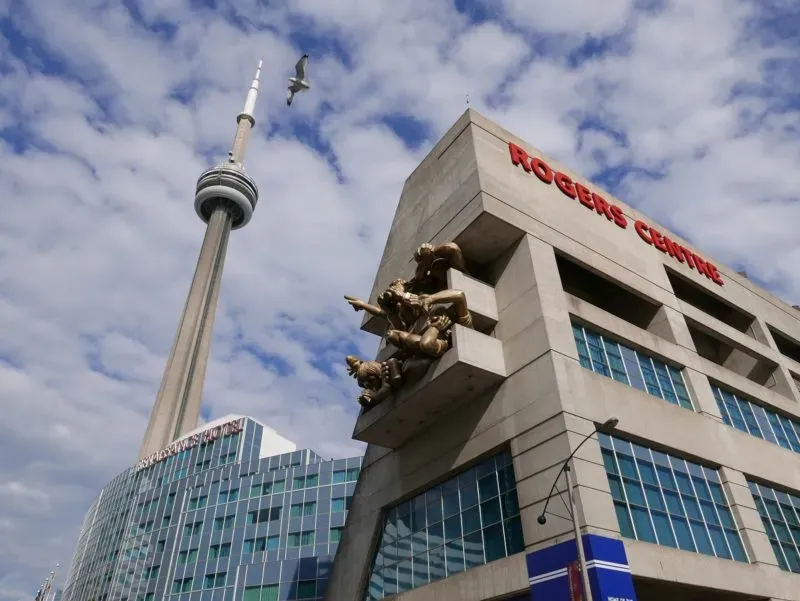 Outside Rogers Centre in Toronto, home of the Blue Jays. Seagull photo bomb and CN Tower in the background