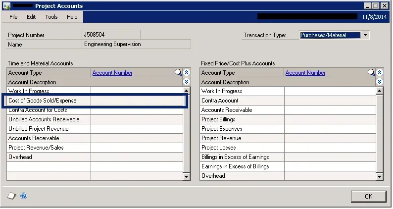 The Project Accounts window, for Purchases/Material, also shows no default account for COGS.