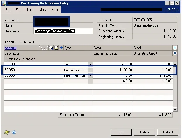 The Purchasing Distribution Entry for the test transaction with the odd account defaulting from who-knows-where.