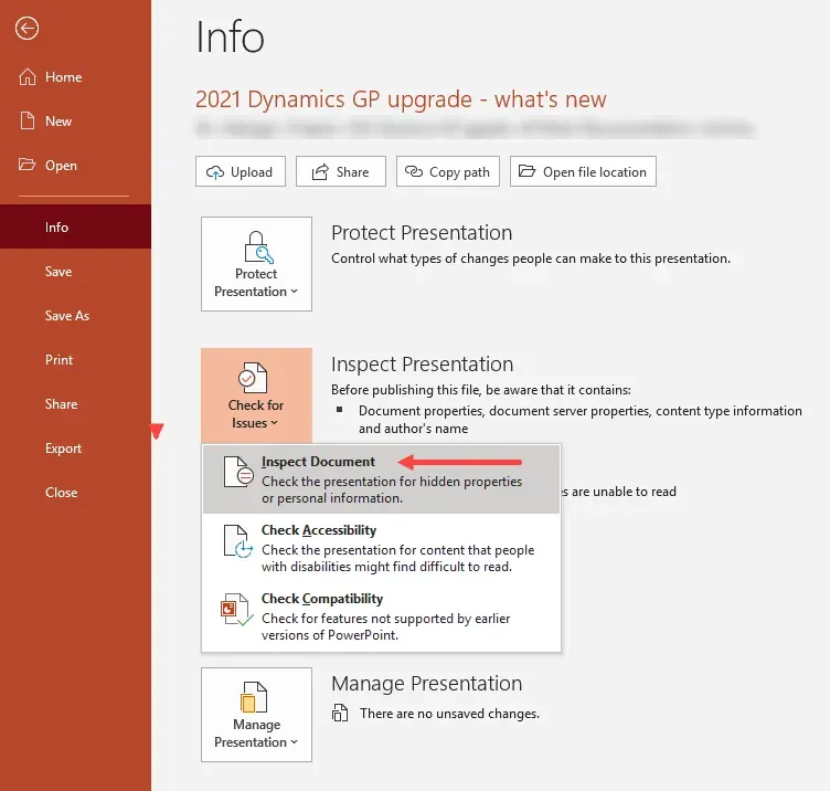 Screenshot of Info page in PowerPoint, with Check for Issues expanded to show the submenu.