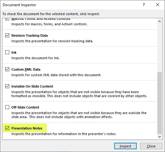 Screenshot of Document Inspector window in PowerPoint, with Presentation Notes highlighted and enabled.