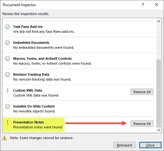 Screenshot of Document Inspector (results) showing an option for Remove All under Presentation Notes.