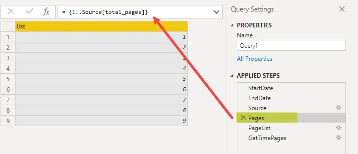 A screenshot showing what the results of step 10 from the query result in. It shows the "1 to total_pages" step and a resulting list of 9 rows (one per page).