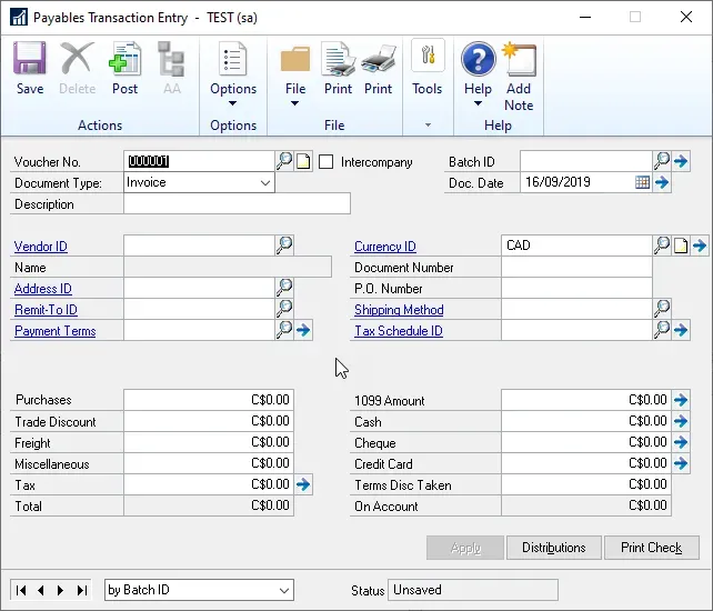 Payables Trx Entry window without required fields