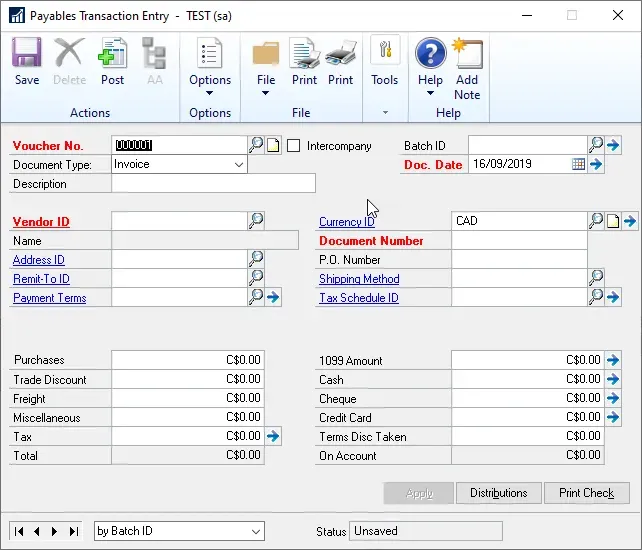 Payables Trx Entry with required fields