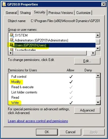 GP2010 application folder properties showing the Users group have Full Control permission.