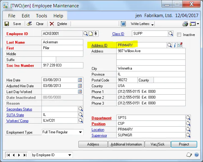 The Employee Maintenance window with the address ID "PRIMARY" highlighted.