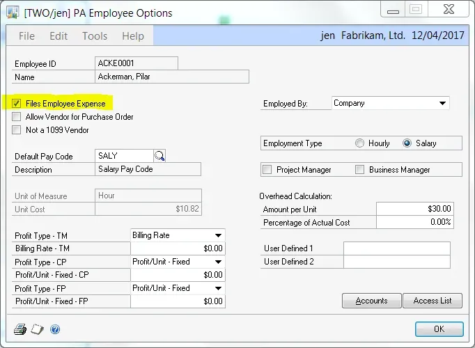 The PA Employee Options window (accessed from the project button on the previous window) shows the option Files Employee Expense is enabled.