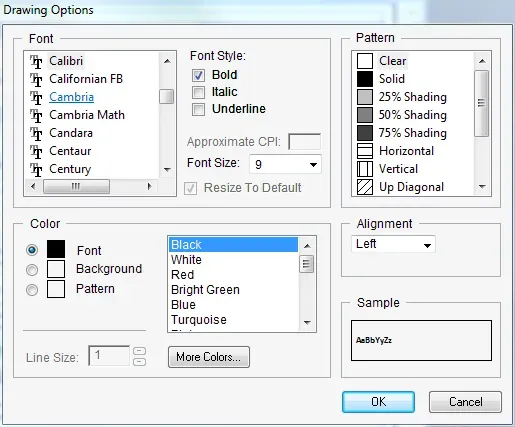 Drawing Options window (Text Report)