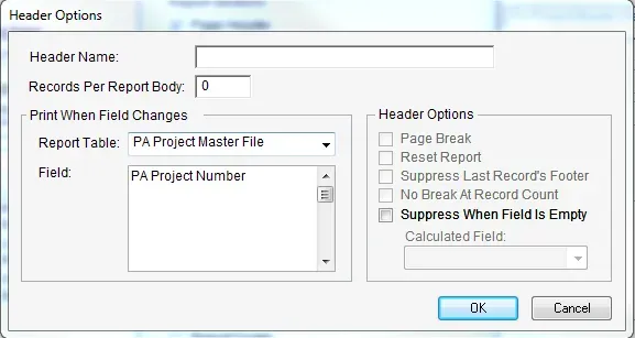 Header Options in Report Writer