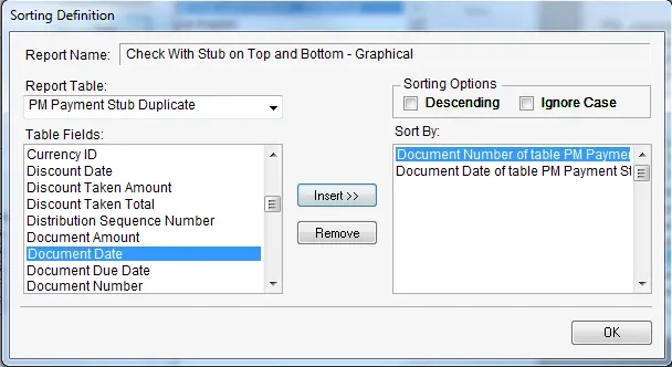 Sorting Definition window showing document number and document date in the Sort By side.