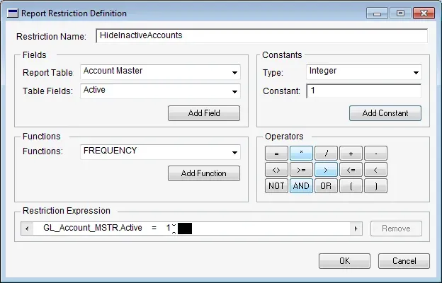 Report Restriction Definition with a formula to hide inactive accounts.