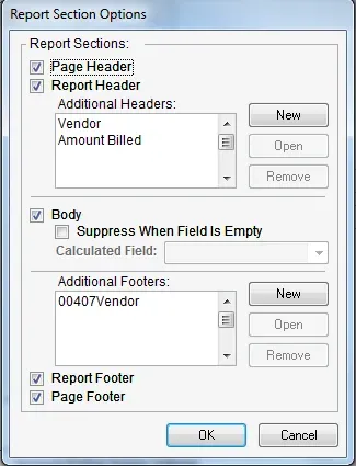 Report Section Options showing which sections will be printed.