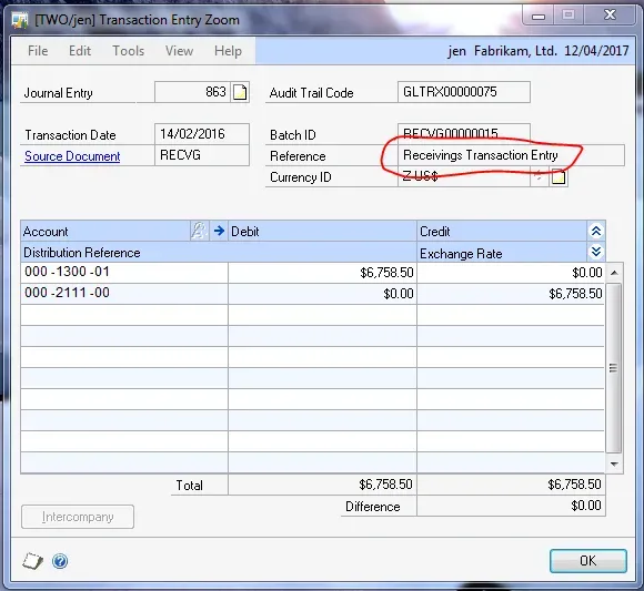 The Transaction Entry Zoom window showing the reference has the default description from a Receivings Transaction posting.