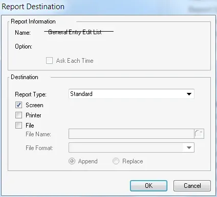 Report Destination window showing a name stroked out.
