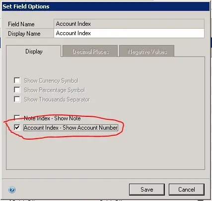 The Set Field Options window for Account Index is shown, with the Account Index - Show Account Number option circled in red and enabled.