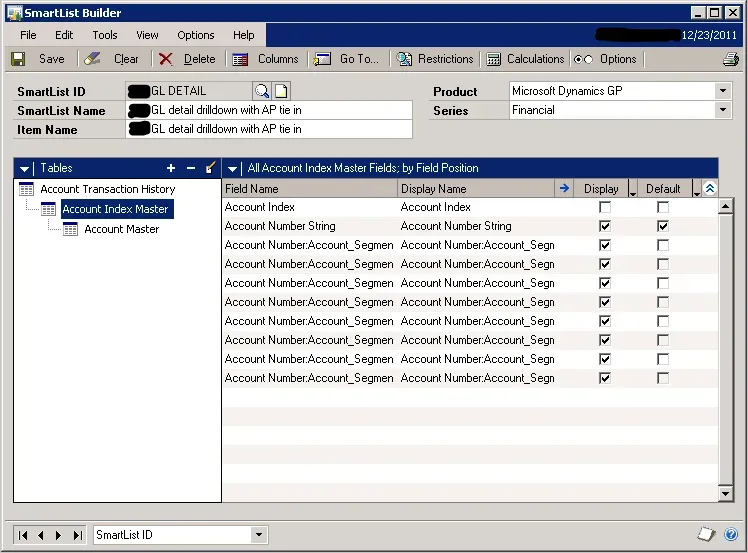 The SmartList Builder window shows a list called (partially blurred) "GL DETAIL" with the primary table Account Transaction History and links to the Account Index Master and Account Master tables. The Account Index Master table is highlighted and all of its fields except Account Index are marked for display, with Account Number String marked to be displayed.